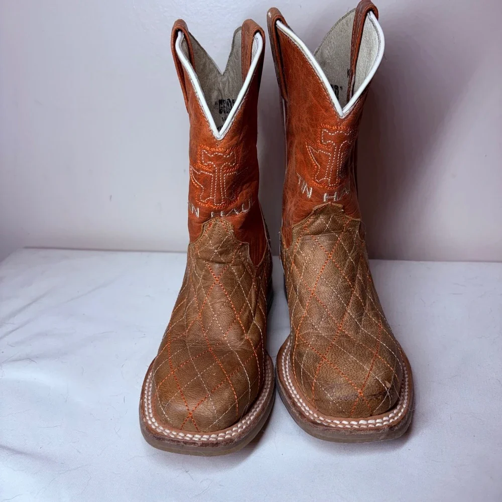 Tin Haul Kids Crossed Brown Orange Leather Patriotic‎ Square Toe Cowboy Boots 12